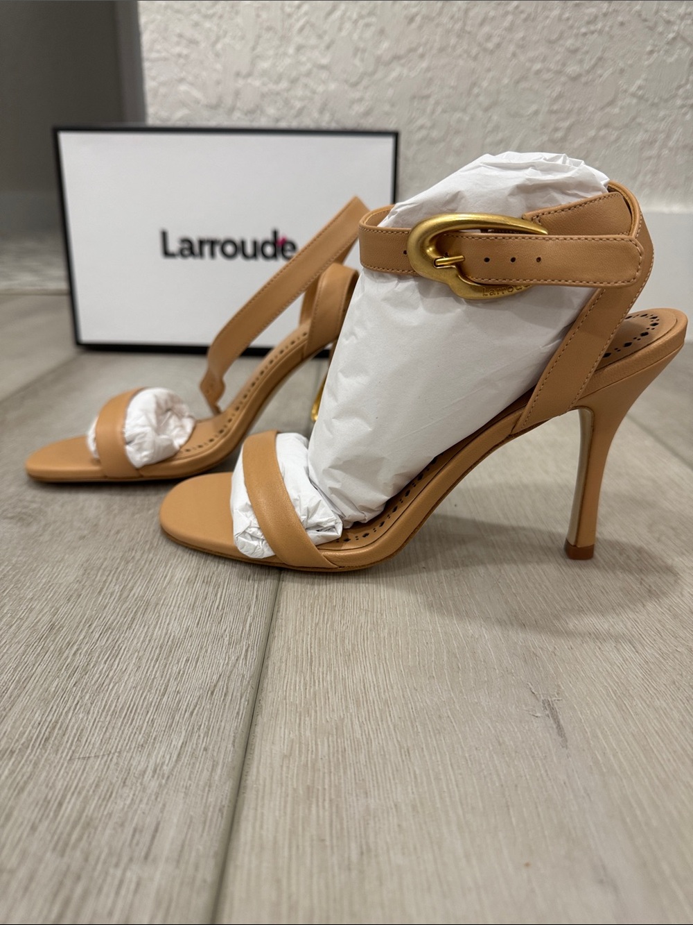 Larroude Light Tan Leather Heeled Sandals with Gold Buckle Accent - NWT, Size 8